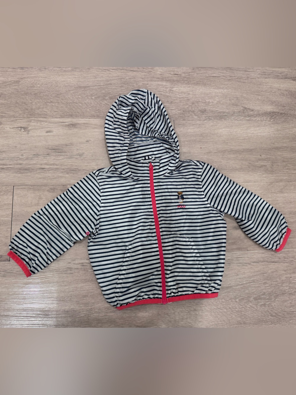 Ralph Lauren Striped Hooded Raincoat in Navy, White & Pink